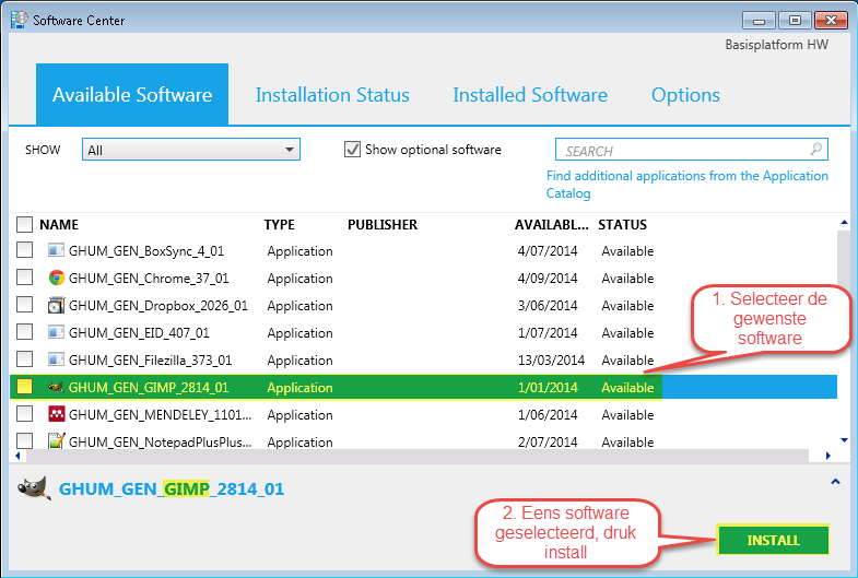Ga op zoek naar Microsoft System Center 2012 => Configuration Manager en druk vervolgens op Software Center Daarna zal je in het venster