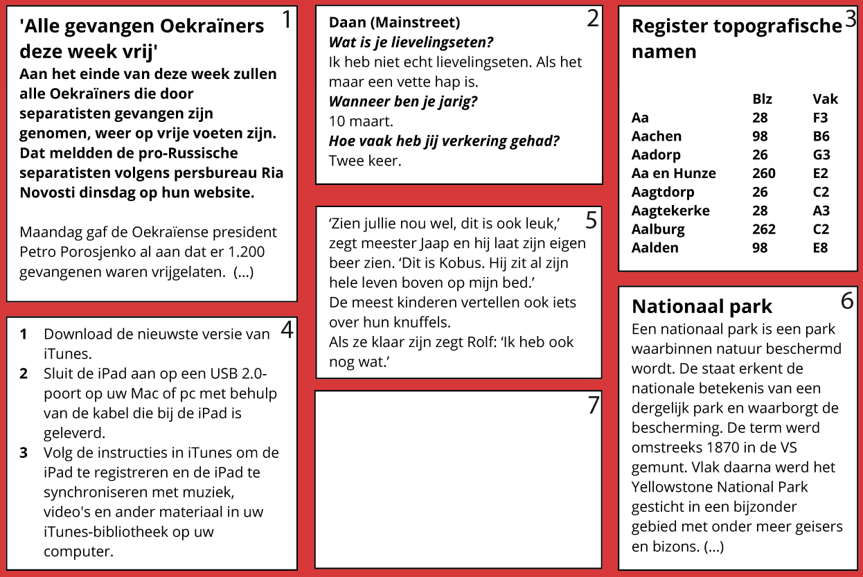 Opdracht 1 Tekstsoorten Tekstsoorten: recept gebruiksaanwijzing verhaal interview - nieuwsartikel encyclopedietekst tekst in atlas A Lees de teksten hierboven.