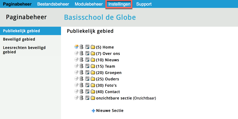 Naar de achterkant van de website Om in het beheerdersgedeelte van de website te komen, klik je in het leerkrachtendashboard op de knop Beheer. Nu bevind je je aan de achterkant van de website.