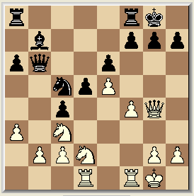 33, Td7 34. Txd7, Pxd7 35. Dc7! Zwart zit nu hevig in de knoei. 3, e5! is hier mogelijk. Dat maakt d2-d4 moeilijk: 4. Lc4, d6 5. h3, Le6 6. d3, Le7 7. 0-0, h6 8. Pd5, Pf6 met gelijke stelling. 4. d4, cxd4 5.