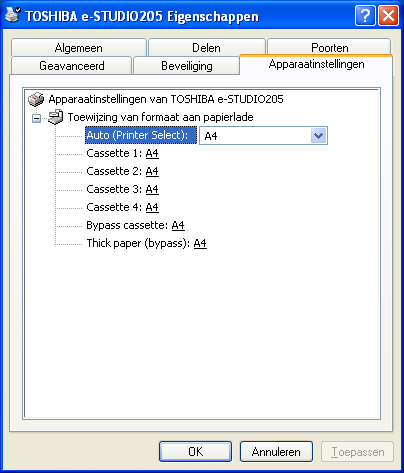 Tabblad Apparaatinstellingen Hier kunnen de papierlade instellingen te worden