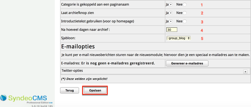 1. Categorie is gekoppeld aan een paginanaam? Deze optie moet altijd op Ja staan. 2. Laat archiefknop zien? Zet deze optie op Ja als je na een bepaalde datum de nieuwsberichten niet meer wilt tonen.