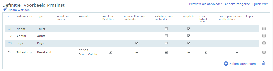 Stap 3: Instellingen wijzigen U komt nu in onderstaand overzicht terecht, waarbij u de kolommen van de prijslijst kunt gaan instellen.