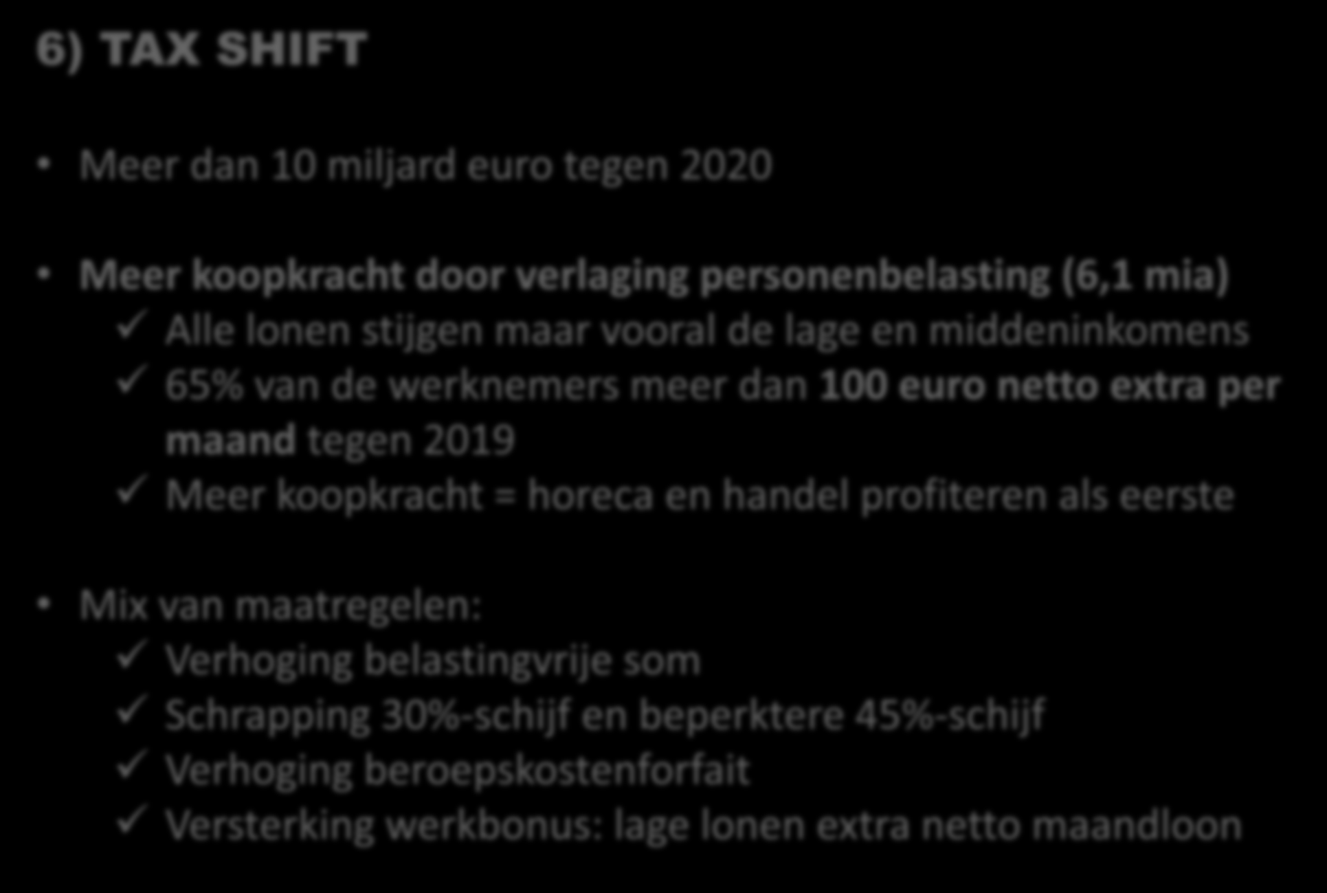 6) TAX SHIFT Meer dan 10 miljard euro tegen 2020 Meer koopkracht door verlaging personenbelasting (6,1 mia) Alle lonen stijgen maar vooral de lage en middeninkomens 65% van de werknemers meer dan 100