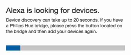 Het volgende scherm zal verschijnen: Klik hier op Discover devices, een scan scherm zal verschijnen waardoor wordt aangegeven dat Alexa apparaten aan het