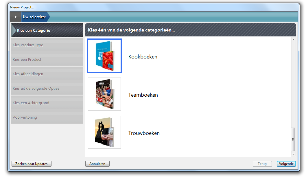 3. Een nieuw project maken U kunt nu kiezen uit al onze verschillende soorten boeken. Wij adviseren om alle mogelijkheden te downloaden. Dit zal ongeveer 15 minuten duren.
