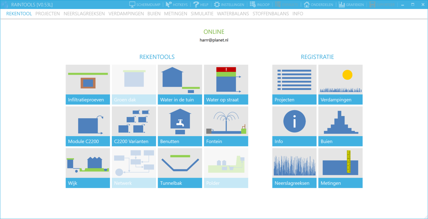 2 REKENTOOLS en REGISTRATIES De startpagina van de RainTools interface is opgebouwd uit 2 delen, een blok rekentools (rekentegels) en een blok registraties.