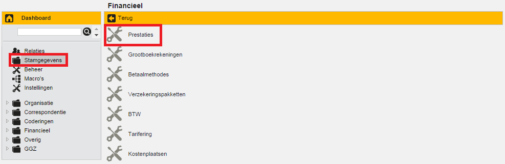 Figuur 19: tarief aanmaken bij tarieflijst Code. Hier kiest u de prestatiecode. Staat de gewenste code niet in de lijst, dan kunt u de code aanmaken met behulp van de instructies uit paragraaf 3.2.