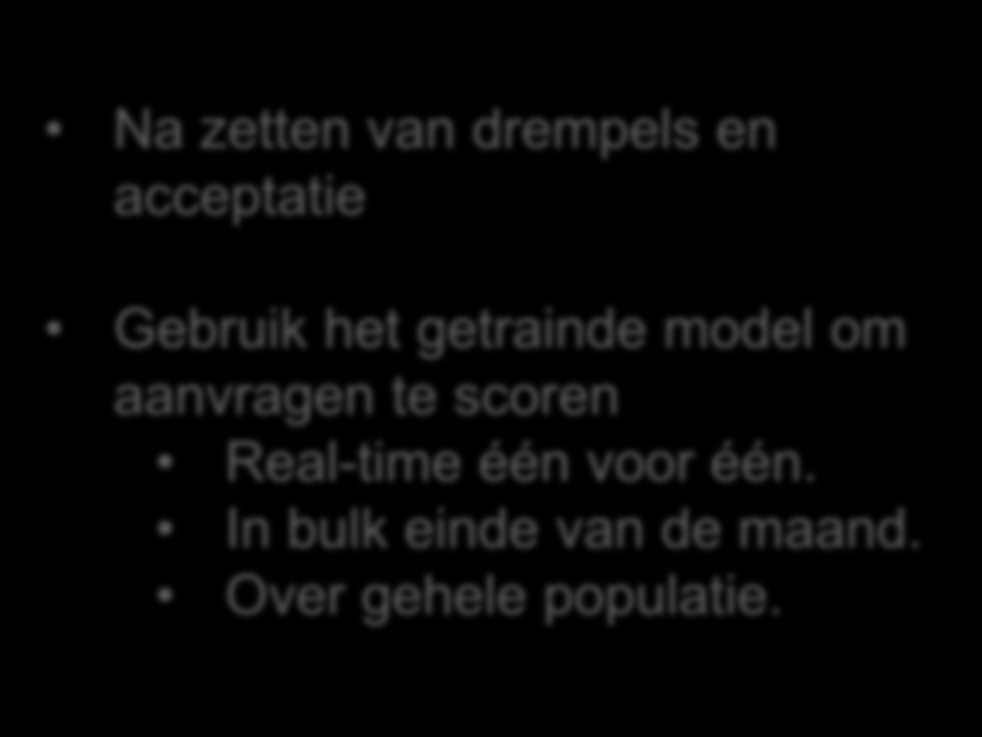 Scoring Na zetten van drempels en acceptatie Gebruik het getrainde model om aanvragen te scoren