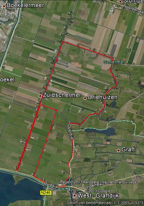 Het Parkoers; 18 kilometer: Vanaf de start in Zuidschermer (oostkant Zuidervaart) gaat het eerst in noordelijke richting. Vervolgens bocht naar rechts, de Laanweg op. Na ong.