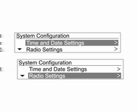 102 Instrumenten en bedieningsorganen Druk op CONFIG terwijl het contact aan is en het Infotainmentsysteem geactiveerd is. De instelmenu's worden weergegeven.