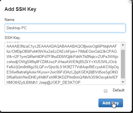 Ga naar My Settings, Keys en kies voor Add Key Past de key in het veld SSH