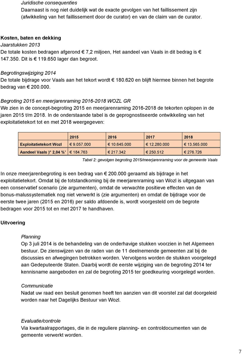 Begrotingswijziging 2014 De totale bijdrage voor Vaals aan het tekort wordt 180.620 en blijft hiermee binnen het begrote bedrag van 200.000.