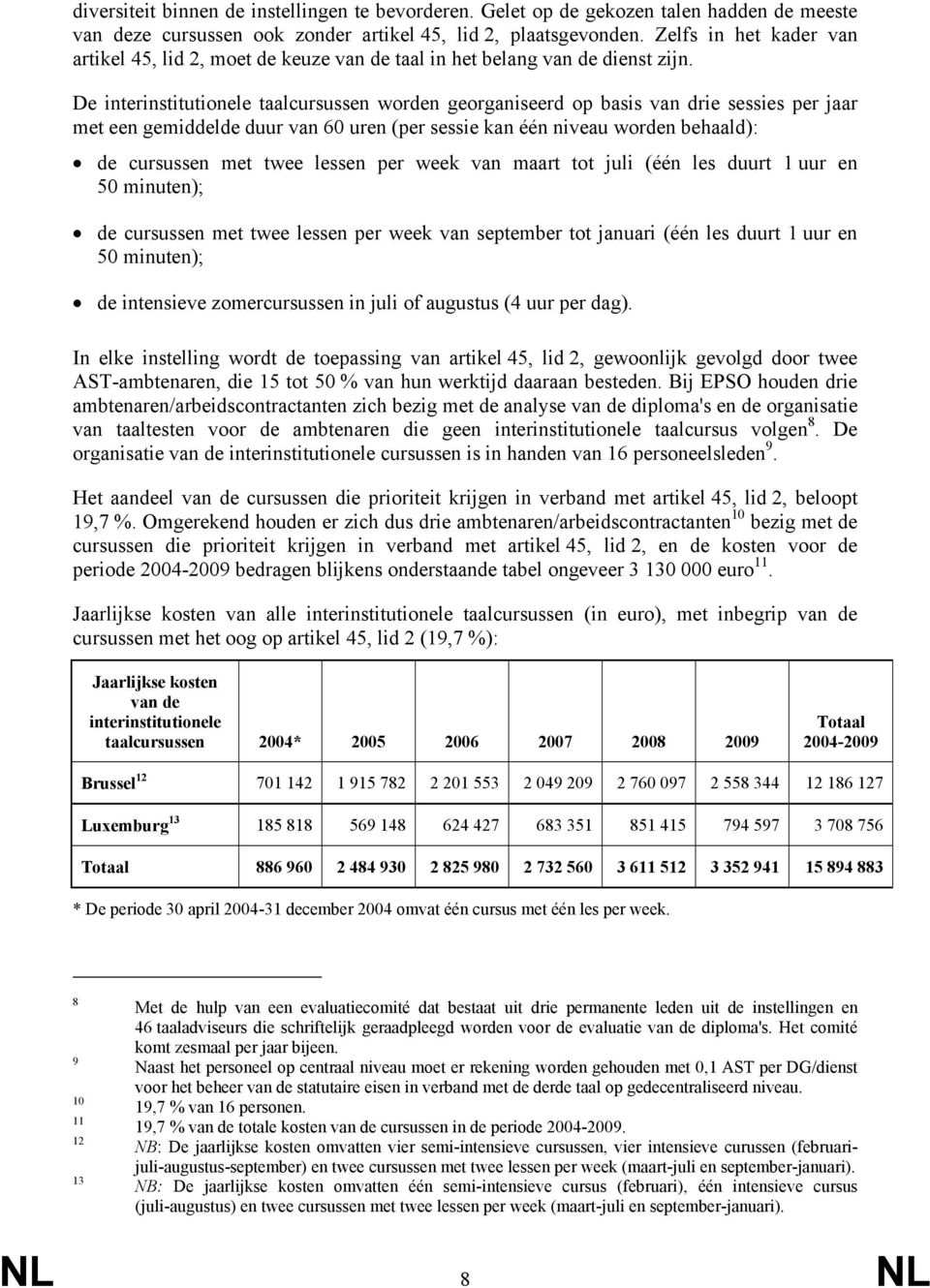 De interinstitutionele taalcursussen worden georganiseerd op basis van drie sessies per jaar met een gemiddelde duur van 60 uren (per sessie kan één niveau worden behaald): de cursussen met twee