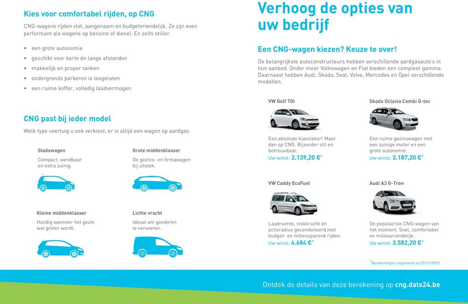 CNG-wagen kiezen? Keuze te over! De belangrijkste autoconstructeurs hebben verschillende aardgasauto s in hun aanbod. Onder meer Volkswagen en Fiat bieden een compleet gamma.