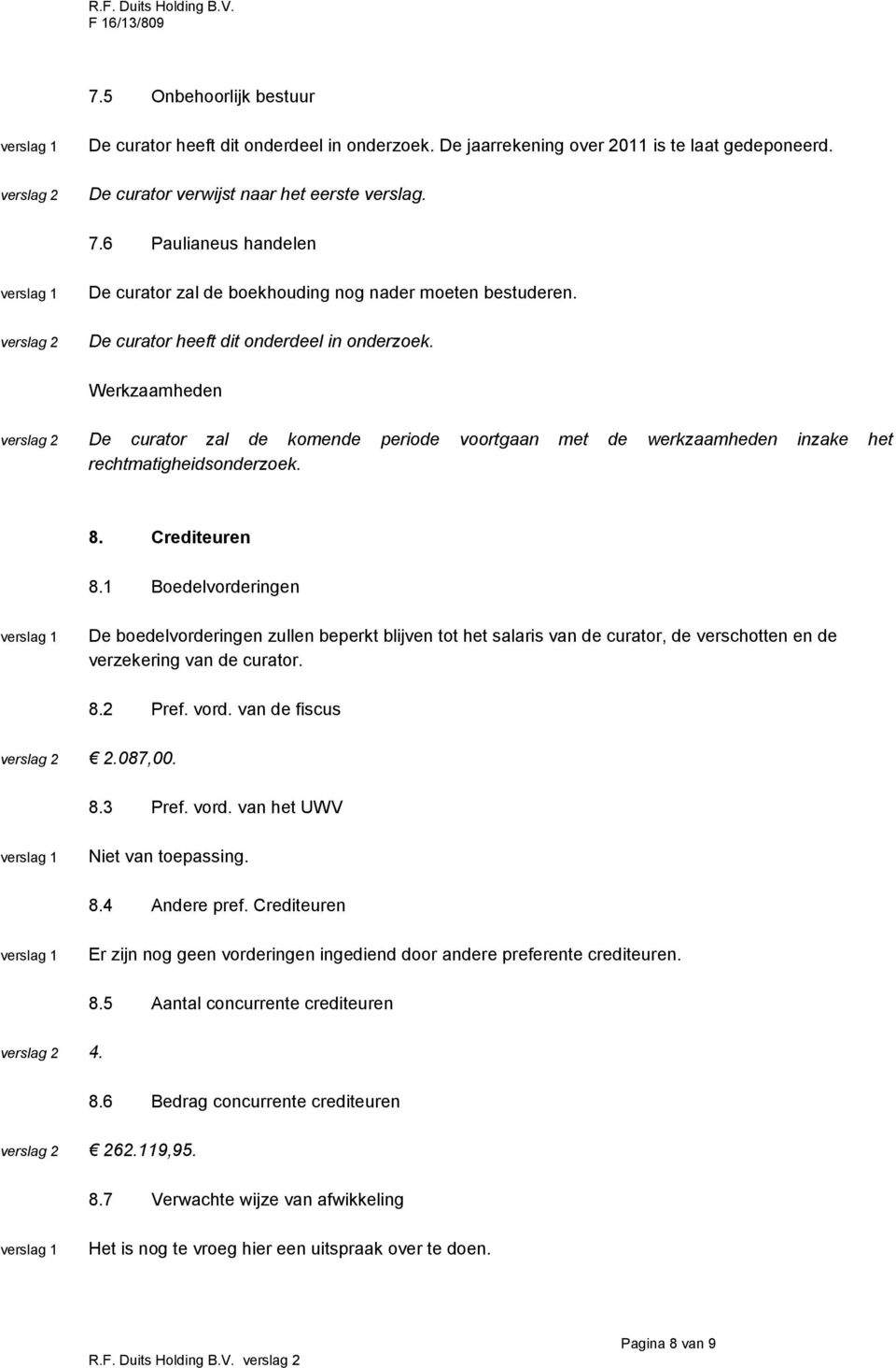 De curator zal de komende periode voortgaan met de werkzaamheden inzake het rechtmatigheidsonderzoek. 8. Crediteuren 8.