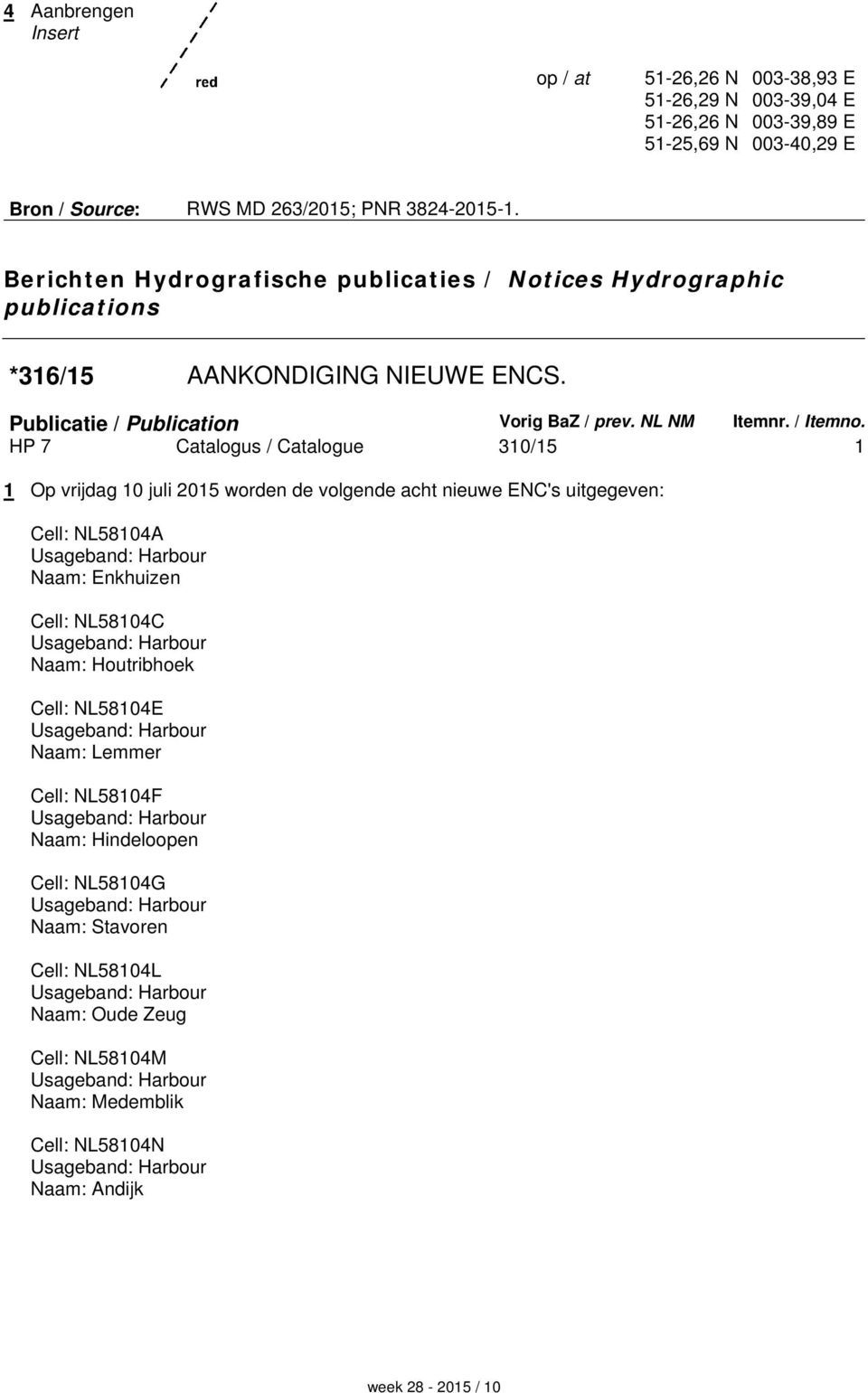 HP 7 Catalogus / Catalogue 310/15 1 1 Op vrijdag 10 juli 2015 worden de volgende acht nieuwe ENC's uitgegeven: Cell: NL58104A Naam: Enkhuizen Cell: NL58104C Naam: Houtribhoek