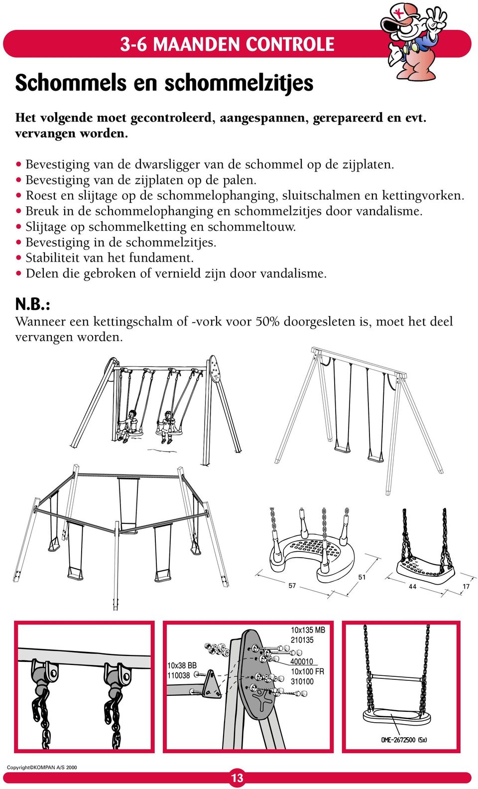 Roest en slijtage op de schommelophanging, sluitschalmen en kettingvorken. Breuk in de schommelophanging en schommelzitjes door vandalisme.