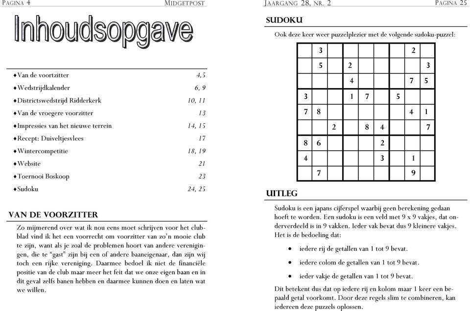 nieuwe terrein Recept: Duiveltjesvlees Wintercompetitie Website Toernooi Boskoop Sudoku 4,5 6, 9 10, 11 13 14, 15 17 18, 19 21 23 24, 25 Van de voorzitter Zo mijmerend over wat ik nou eens moet