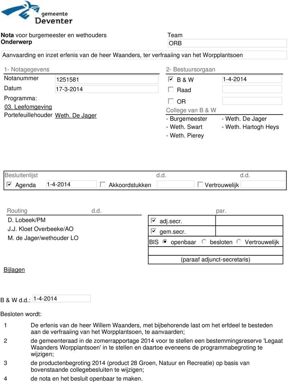 Pierey Besluitenlijst d.d. d.d. b Agenda 1-4-2014 Akkoordstukken Vertrouwelijk Routing D. Lobeek/PM J.J. Kloet Overbeeke/AO M. de Jager/wethouder LO d.d. par. b adj.secr.