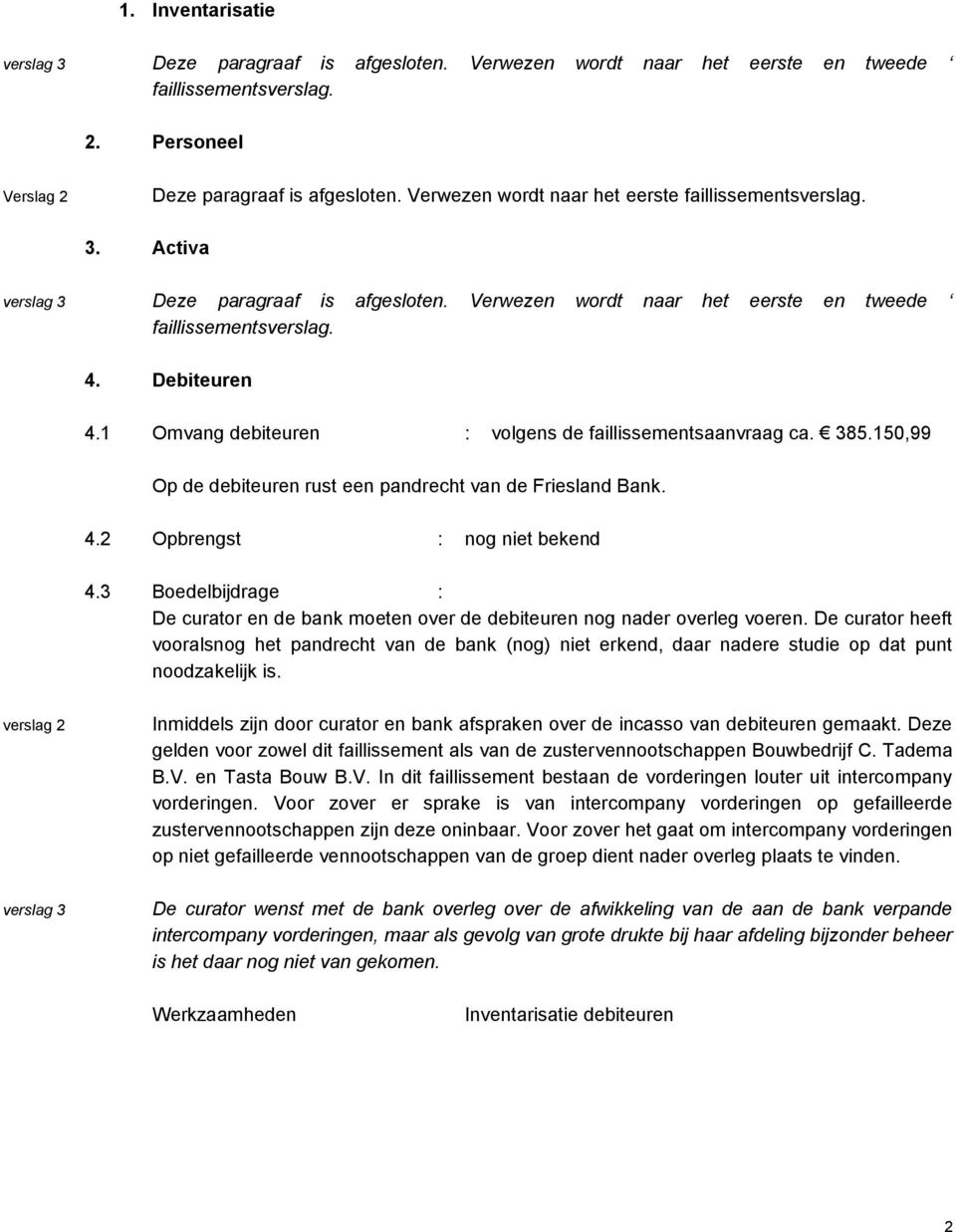 1 Omvang debiteuren : volgens de faillissementsaanvraag ca. 385.150,99 Op de debiteuren rust een pandrecht van de Friesland Bank. 4.2 Opbrengst : nog niet bekend 4.