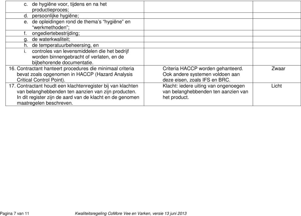 Contractant hanteert procedures die minimaal criteria bevat zoals opgenomen in HACCP (Hazard Analysis Critical Control Point). 17.