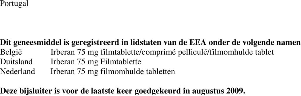 pelliculé/filmomhulde tablet Duitsland Irberan 75 mg Filmtablette Nederland
