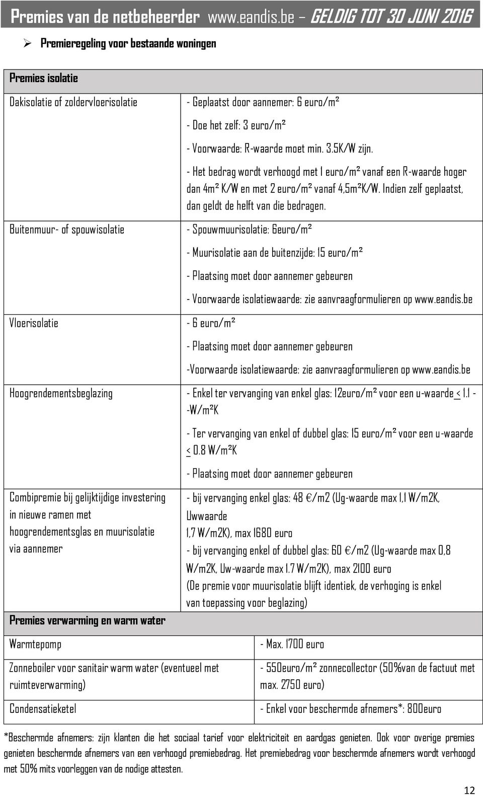 R-waarde moet min. 3.5K/W zijn. - Het bedrag wordt verhoogd met 1 euro/m² vanaf een R-waarde hoger dan 4m² K/W en met 2 euro/m² vanaf 4,5m²K/W.