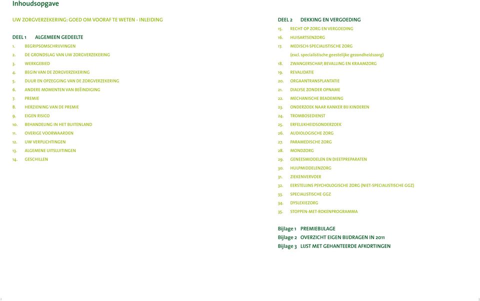 OVERIGE VOORWAARDEN 12. UW VERPLICHTINGEN 13. ALGEMENE UITSLUITINGEN 14. GESCHILLEN DEEL 2 DEKKING EN VERGOEDING 15. RECHT OP ZORG EN VERGOEDING 16. HUISARTSENZORG 17.