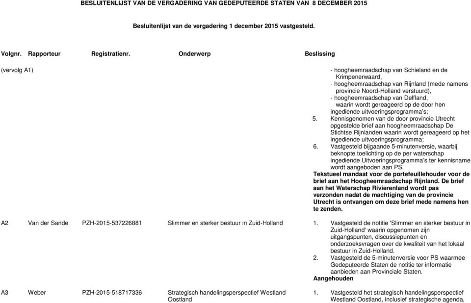 Kennisgenomen van de door provincie Utrecht opgestelde brief aan hoogheemraadschap De Stichtse Rijnlanden waarin wordt gereageerd op het ingediende uitvoeringsprogramma; 6.