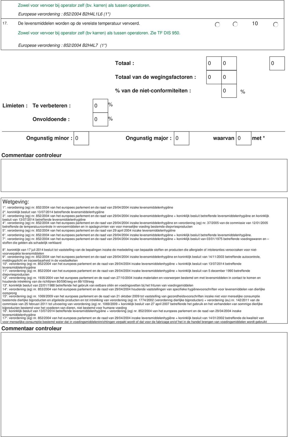 Europese verordening : 852/2004 B2H4L7 (1*) Totaal : 0 0 0 Totaal van de wegingsfactoren : 0 0 van de niet-conformiteiten : 0 Limieten : Te verbeteren : 0 Onvoldoende : 0 Ongunstig minor : 0