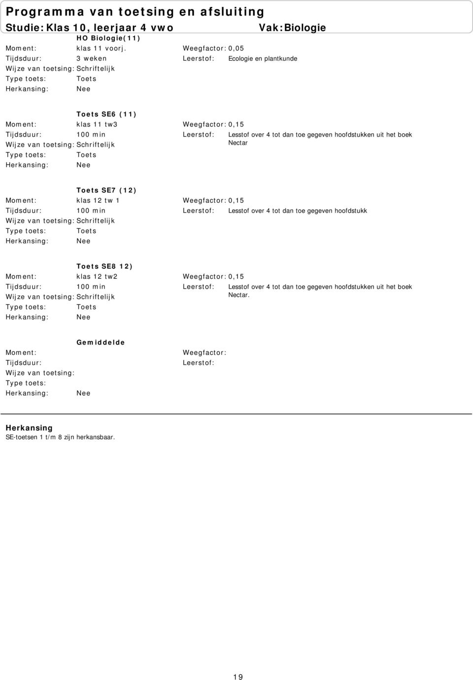 hoofdstukken uit het boek Nectar Toets SE7 (12) klas 12 tw 1 100 min 5 Lesstof over 4 tot dan toe gegeven