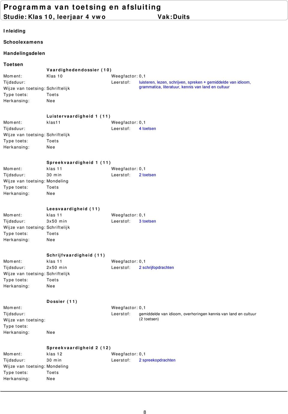 Spreekvaardigheid 1 (11) 30 min 2 toetsen Leesvaardigheid (11) 3x50 min 3 toetsen Schrijfvaardigheid (11) 2x50 min 2