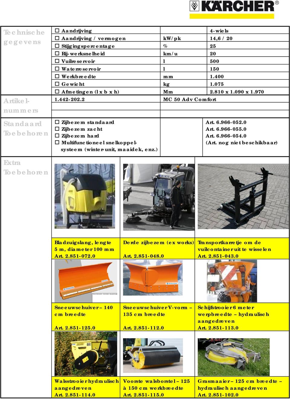 2 MC 50 Adv Comfort Zijbezem standaard Zijbezem zacht Zijbezem hard Multifunctioneel snelkoppelsysteem (winter-unit, maaidek, enz.) Art. 6.966-052.0 Art. 6.966-055.0 Art. 6.966-054.0 (Art.