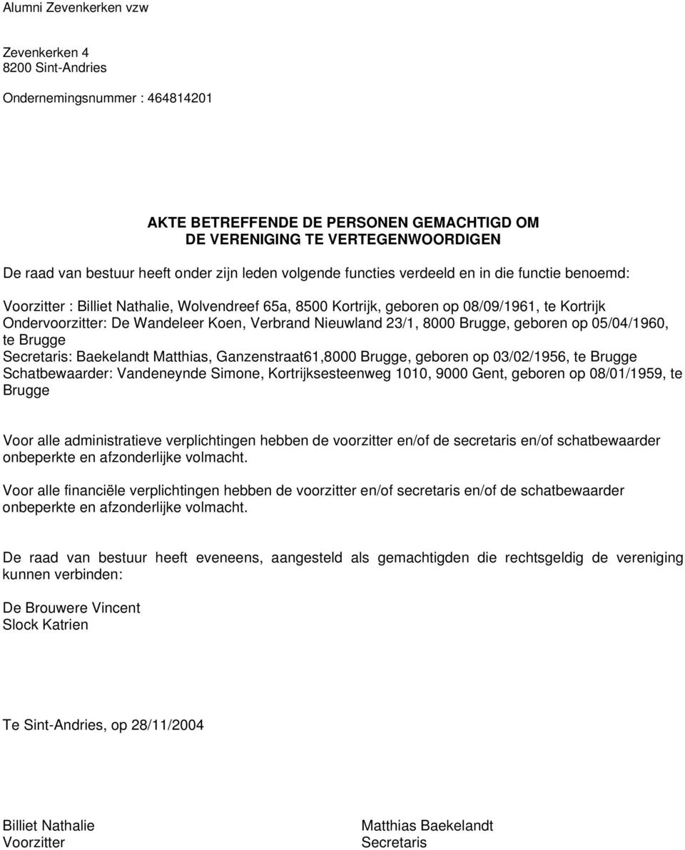 Verbrand Nieuwland 23/1, 8000 Brugge, geboren op 05/04/1960, te Brugge Secretaris: Baekelandt Matthias, Ganzenstraat61,8000 Brugge, geboren op 03/02/1956, te Brugge Schatbewaarder: Vandeneynde