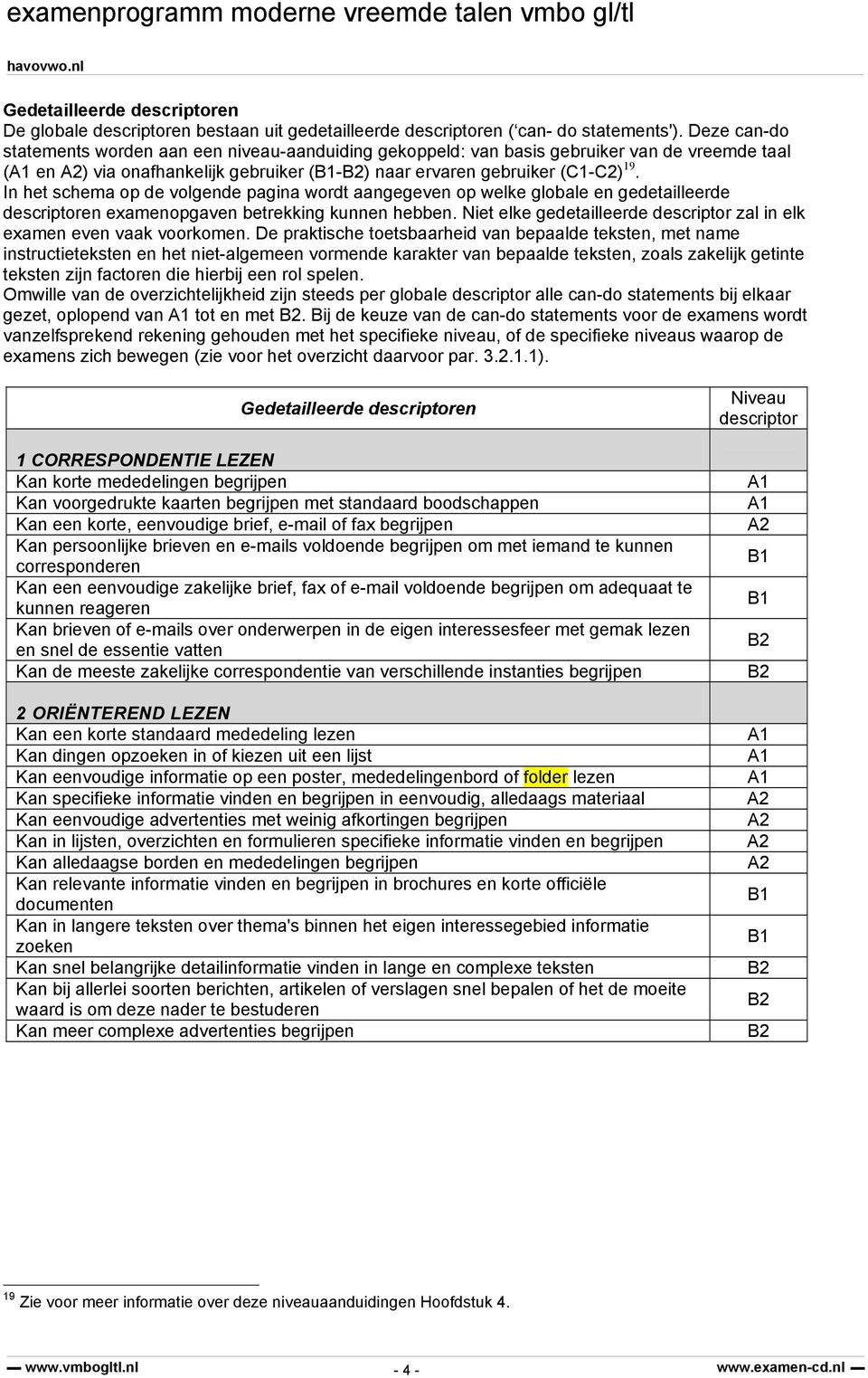 In het schema op de volgende pagina wordt aangegeven op welke globale en gedetailleerde descriptoren examenopgaven betrekking kunnen hebben.