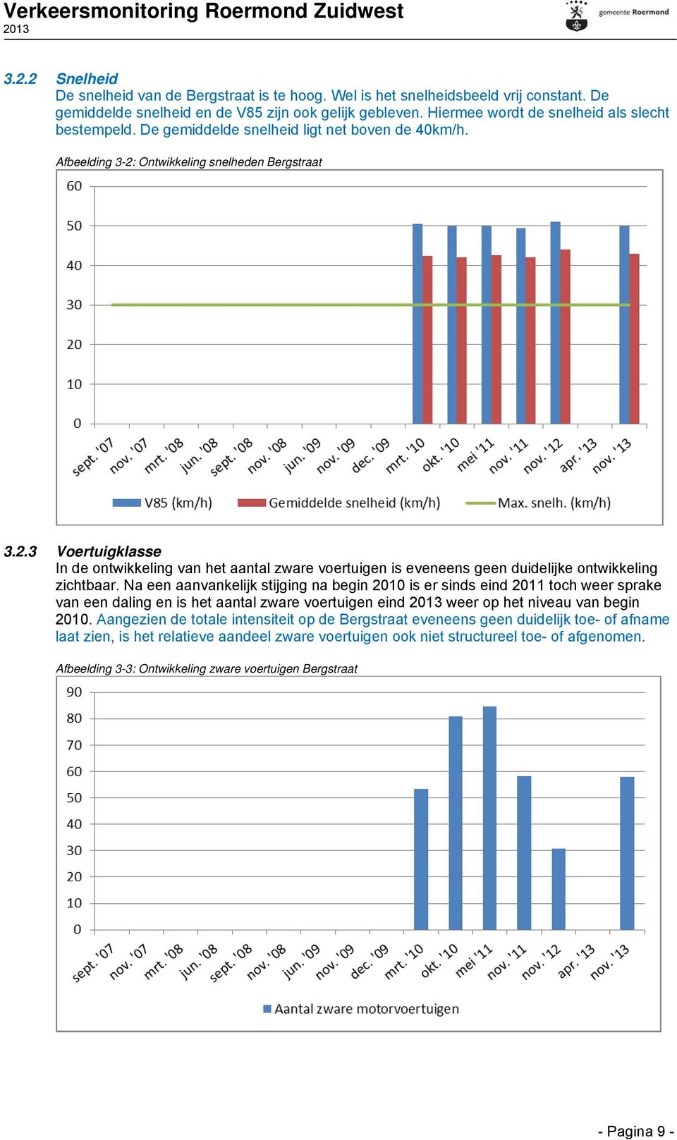 Ontwikkeling snelheden Bergstraat 3.2.3 Voertuigklasse In de ontwikkeling van het aantal zware voertuigen is eveneens geen duidelijke ontwikkeling zichtbaar.