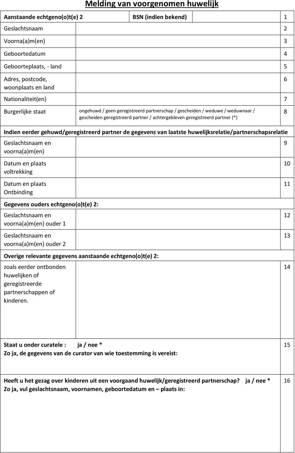 huwelijksrelatie/partnerschapsrelatie voltrekking Ontbinding Gegevens ouders echtgeno(o)t(e) 2: ouder 1 ouder 2 Overige relevante gegevens aanstaande echtgeno(o)t(e) 2: zoals eerder ontbonden