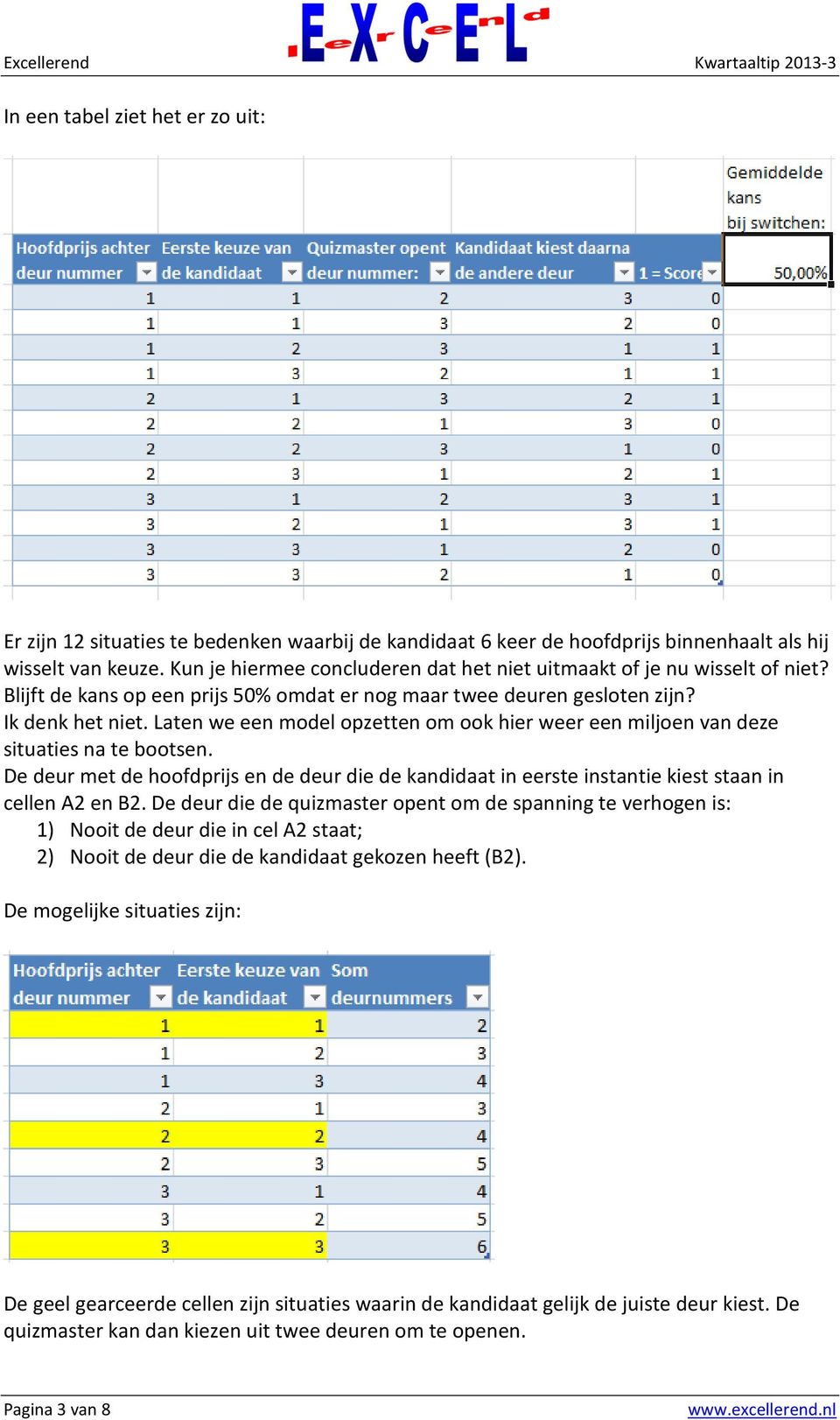 Laten we een model opzetten om ook hier weer een miljoen van deze situaties na te bootsen. De deur met de hoofdprijs en de deur die de kandidaat in eerste instantie kiest staan in cellen A2 en B2.