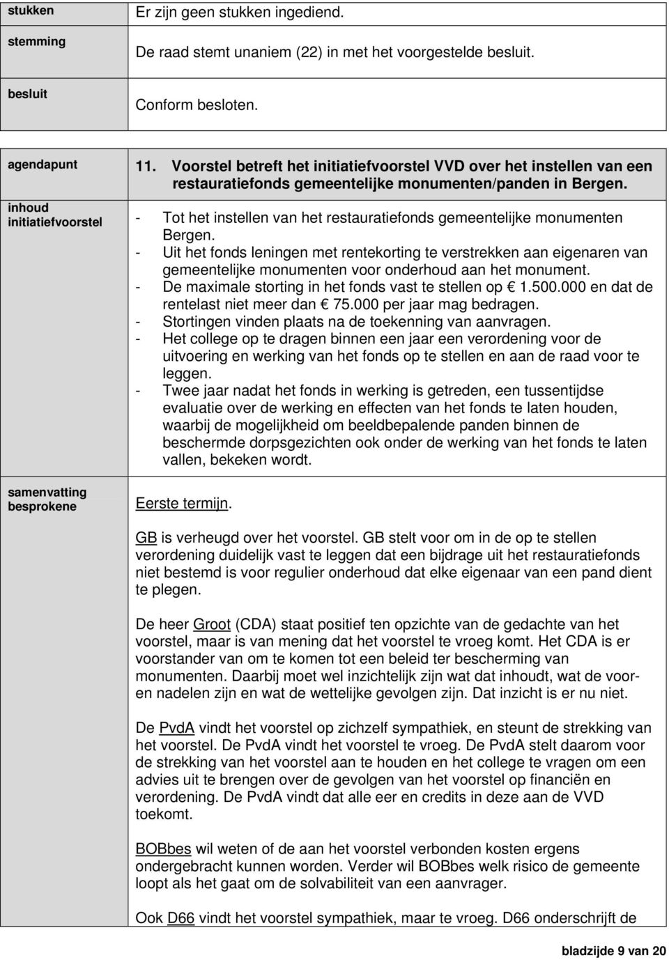 inhoud initiatiefvoorstel - Tot het instellen van het restauratiefonds gemeentelijke monumenten Bergen.