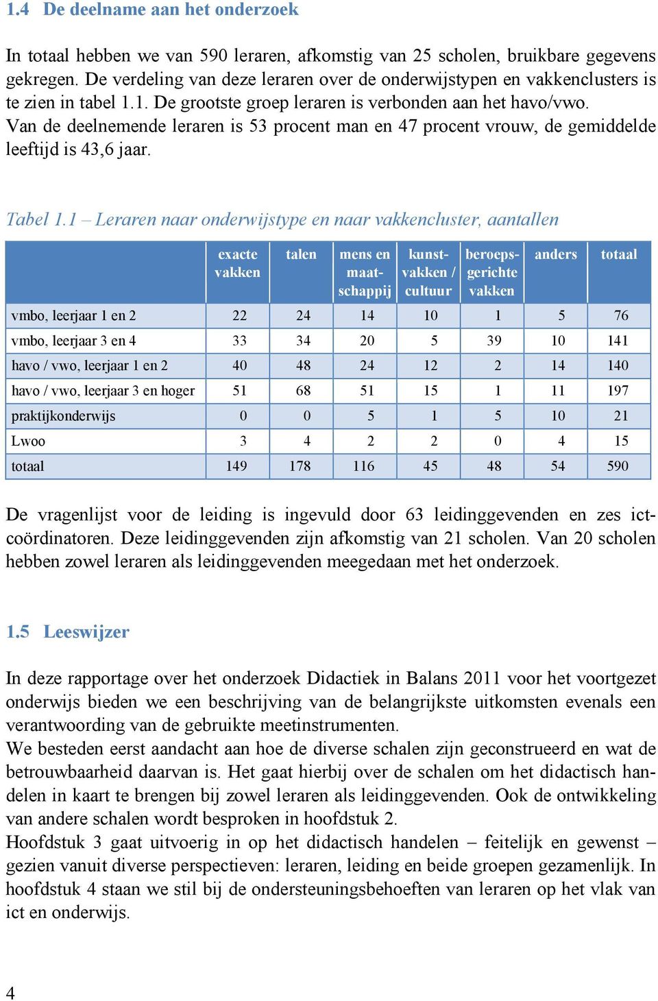 Van de deelnemende leraren is 53 procent man en 47 procent vrouw, de gemiddelde leeftijd is 43,6 jaar. Tabel 1.