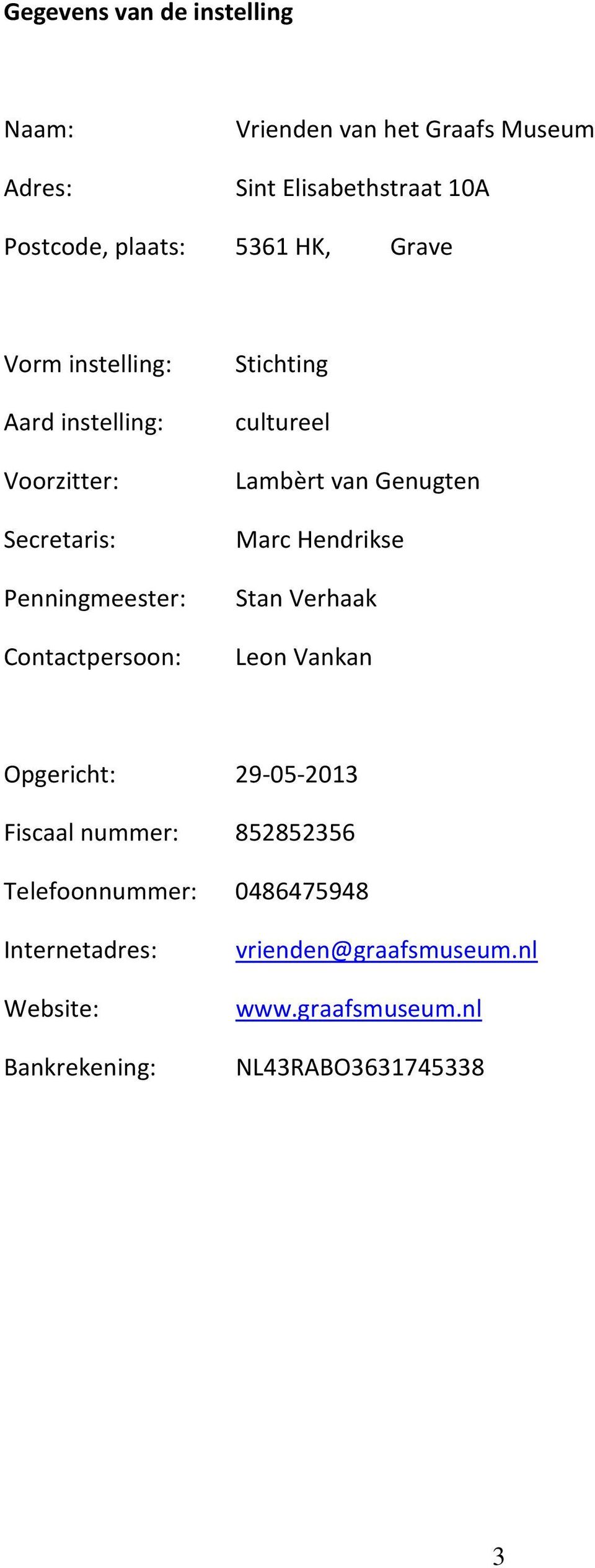 Lambèrt van Genugten Marc Hendrikse Stan Verhaak Leon Vankan Opgericht: 29-05-2013 Fiscaal nummer: 852852356