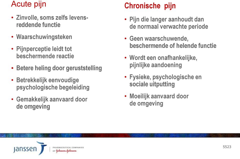 Chronische pijn Pijn die langer aanhoudt dan de normaal verwachte periode Geen waarschuwende, beschermende of helende