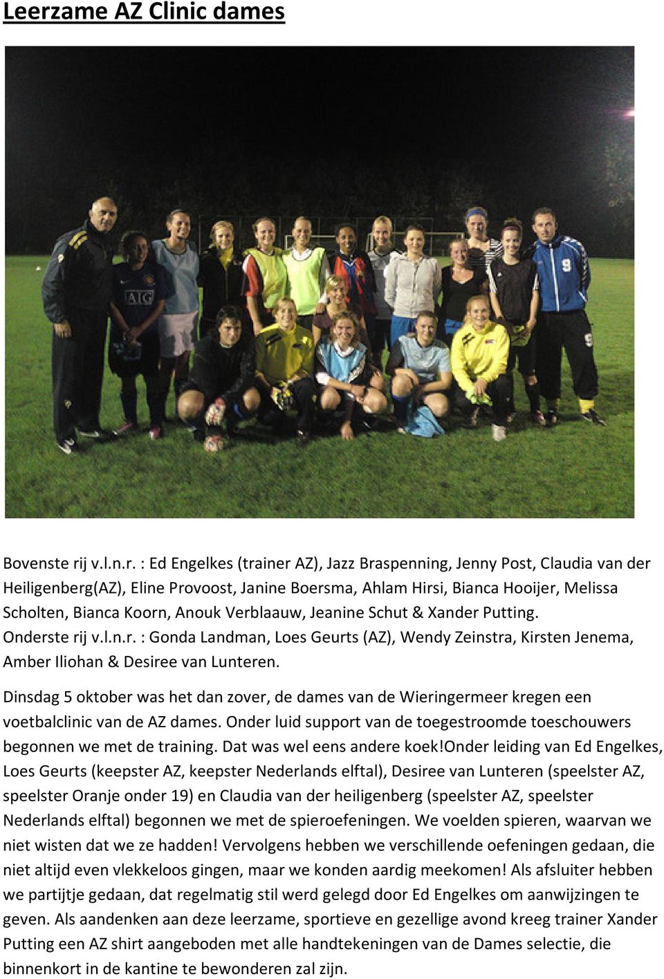 Dinsdag 5 oktober was het dan zover, de dames van de Wieringermeer kregen een voetbalclinic van de AZ dames. Onder luid support van de toegestroomde toeschouwers begonnen we met de training.