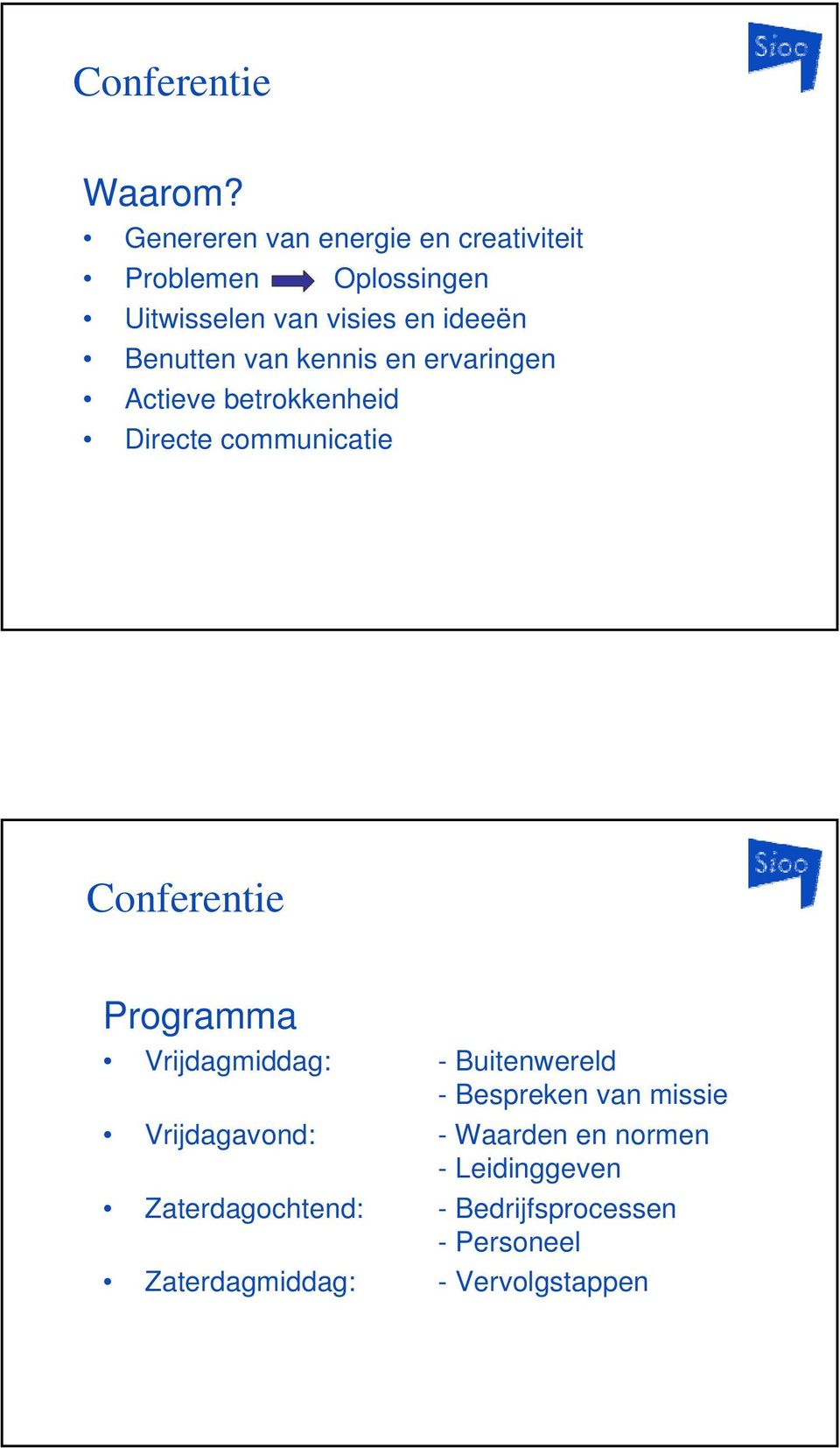 Benutten van kennis en ervaringen Actieve betrokkenheid Directe communicatie Conferentie Programma