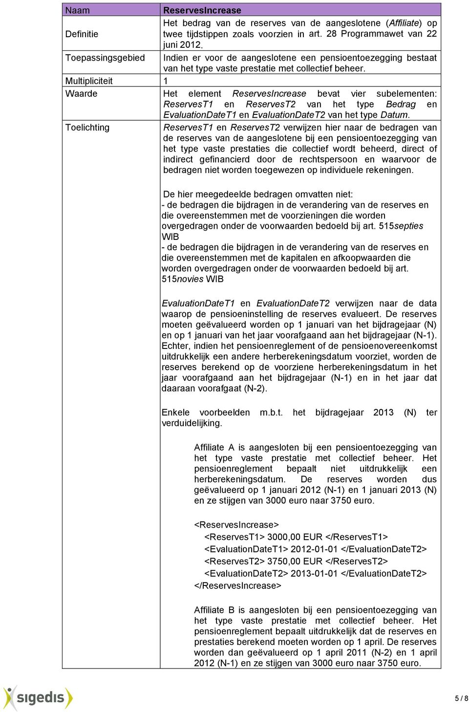 Het element ReservesIncrease bevat vier subelementen: ReservesT1 en ReservesT2 van het type Bedrag en EvaluationDateT1 en EvaluationDateT2 van het type Datum.