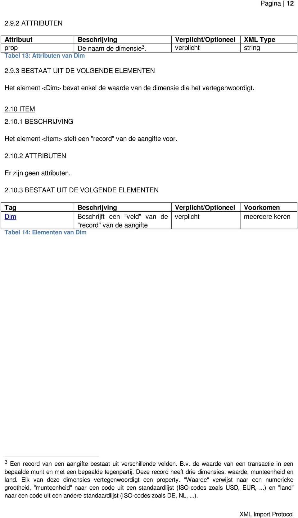 Verplicht/Optioneel Voorkomen Dim Beschrijft een "veld" van de verplicht meerdere keren "record" van de aangifte Tabel 14: Elementen van Dim 3 Een record van een aangifte bestaat uit verschillende