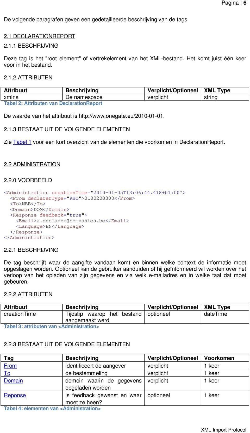 2 ATTRIBUTEN Attribuut Beschrijving Verplicht/Optioneel XML Type xmlns De namespace verplicht string Tabel 2: Attributen van DeclarationReport De waarde van het attribuut is http://www.onegate.