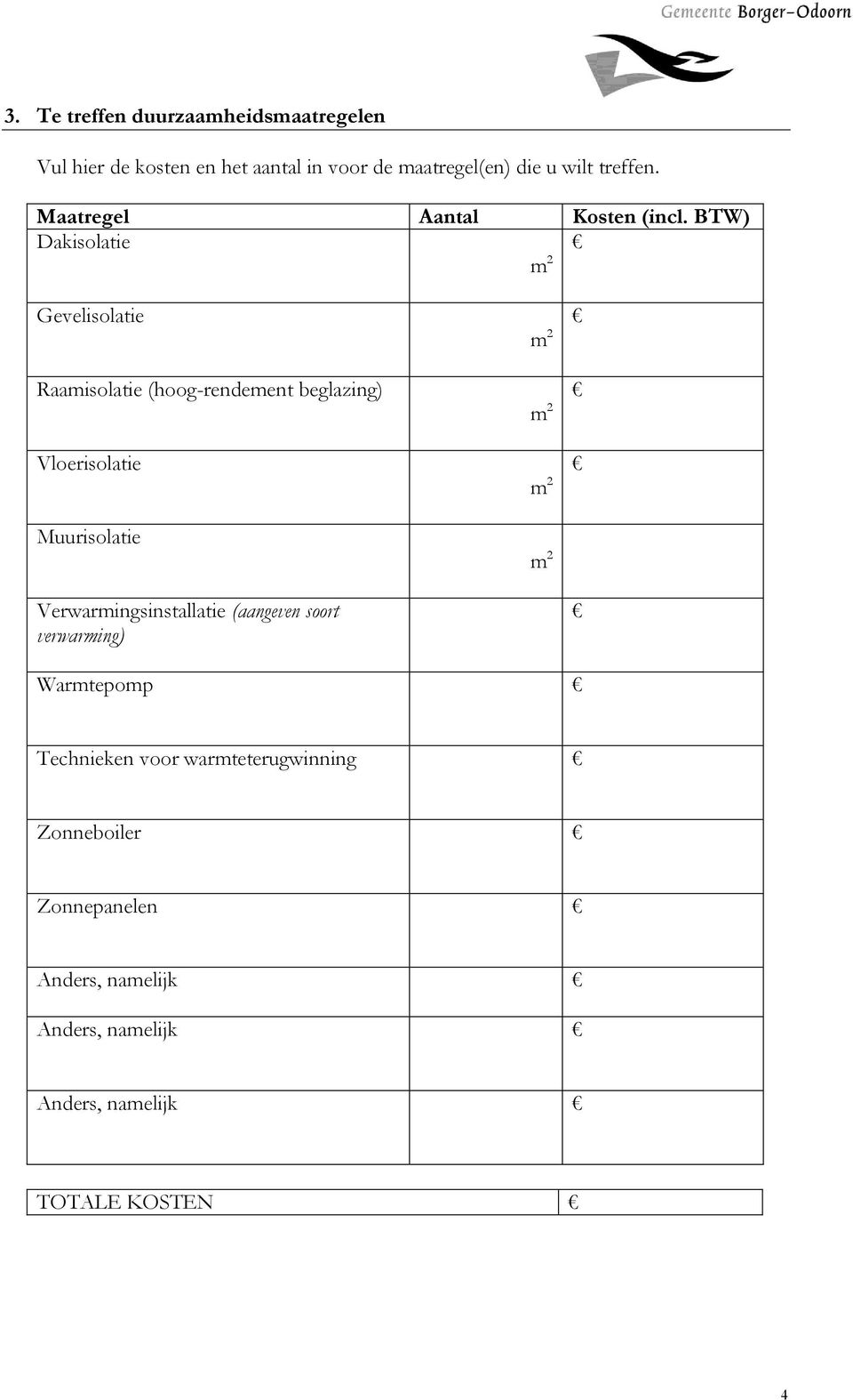 BTW) Dakisolatie m 2 Gevelisolatie Raamisolatie (hoog-rendement beglazing) Vloerisolatie Muurisolatie