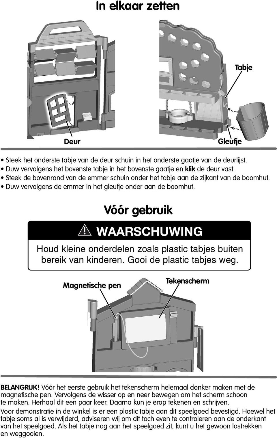 Vóór gebruik WAARSCHUWING Houd kleine onderdelen zoals plastic tabjes buiten bereik van kinderen. Gooi de plastic tabjes weg. Magnetische pen Tekenscherm BELANGRIJK!